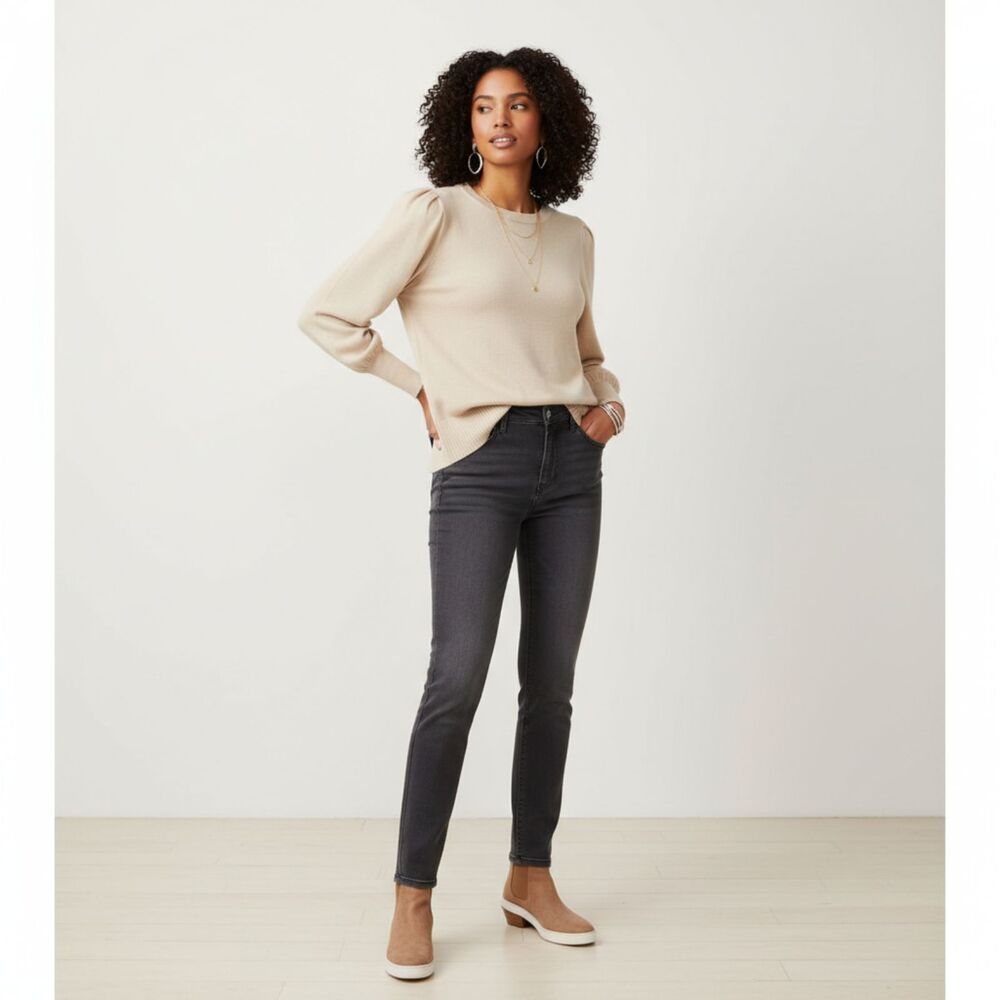 Belle Kim Gravel Womens M Beige Knit Round Neck Balloon Sleeve Top